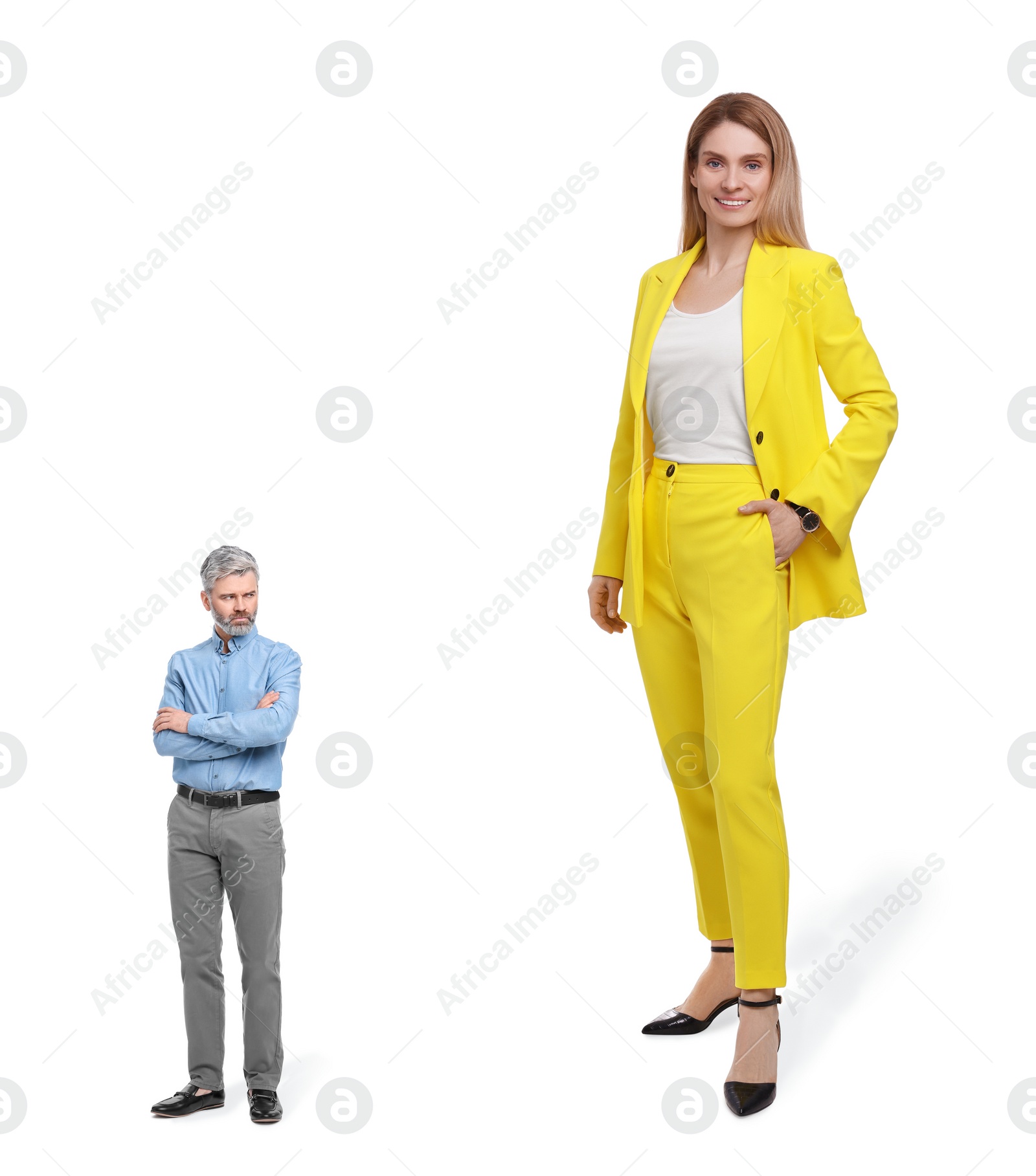 Image of Giant woman and small man on white background