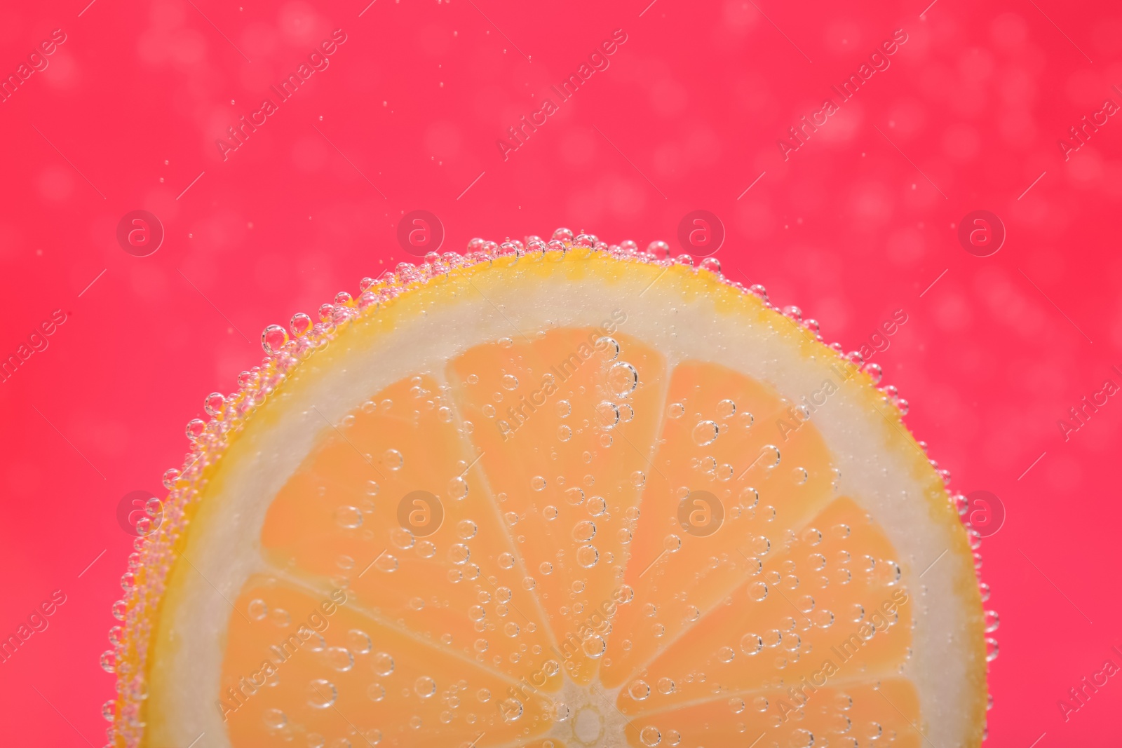 Photo of Slice of lemon in sparkling water on pink background, closeup. Citrus soda