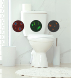 Illustrations of microbes on toilet bowl in bathroom