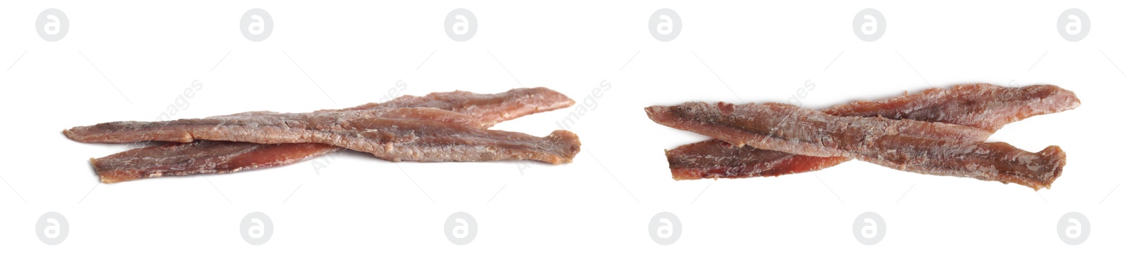 Image of Set with delicious salted anchovy fillets Banner design