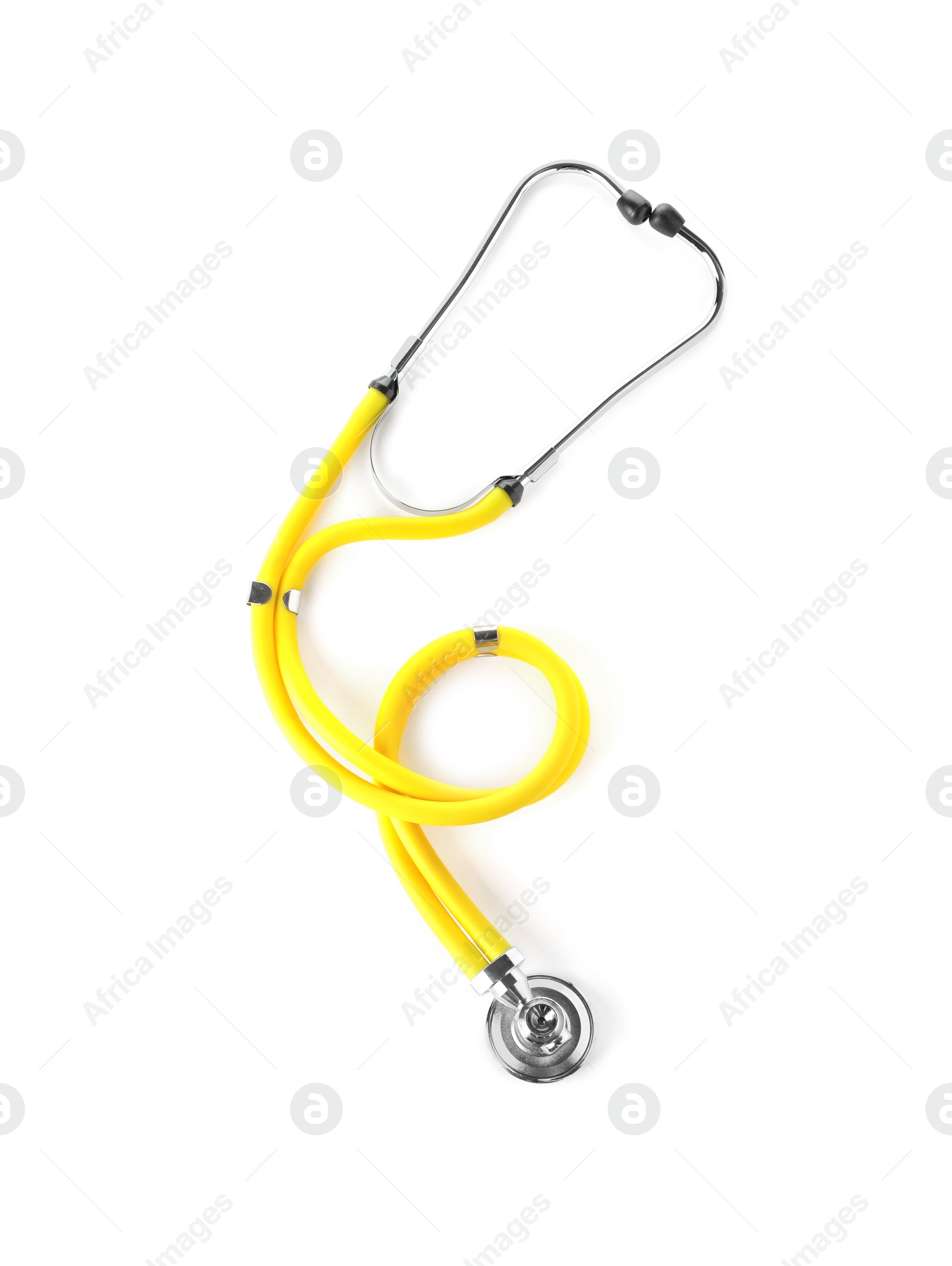 Photo of Stethoscope on white background, top view. Medical device