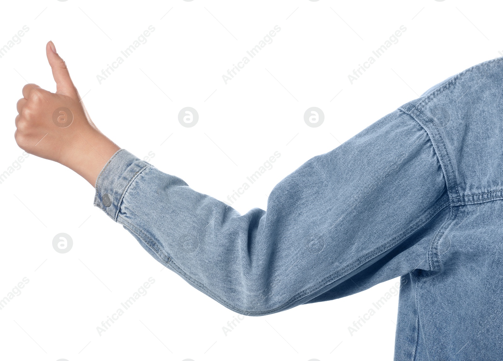 Photo of Woman hitchhiking on white background, closeup view