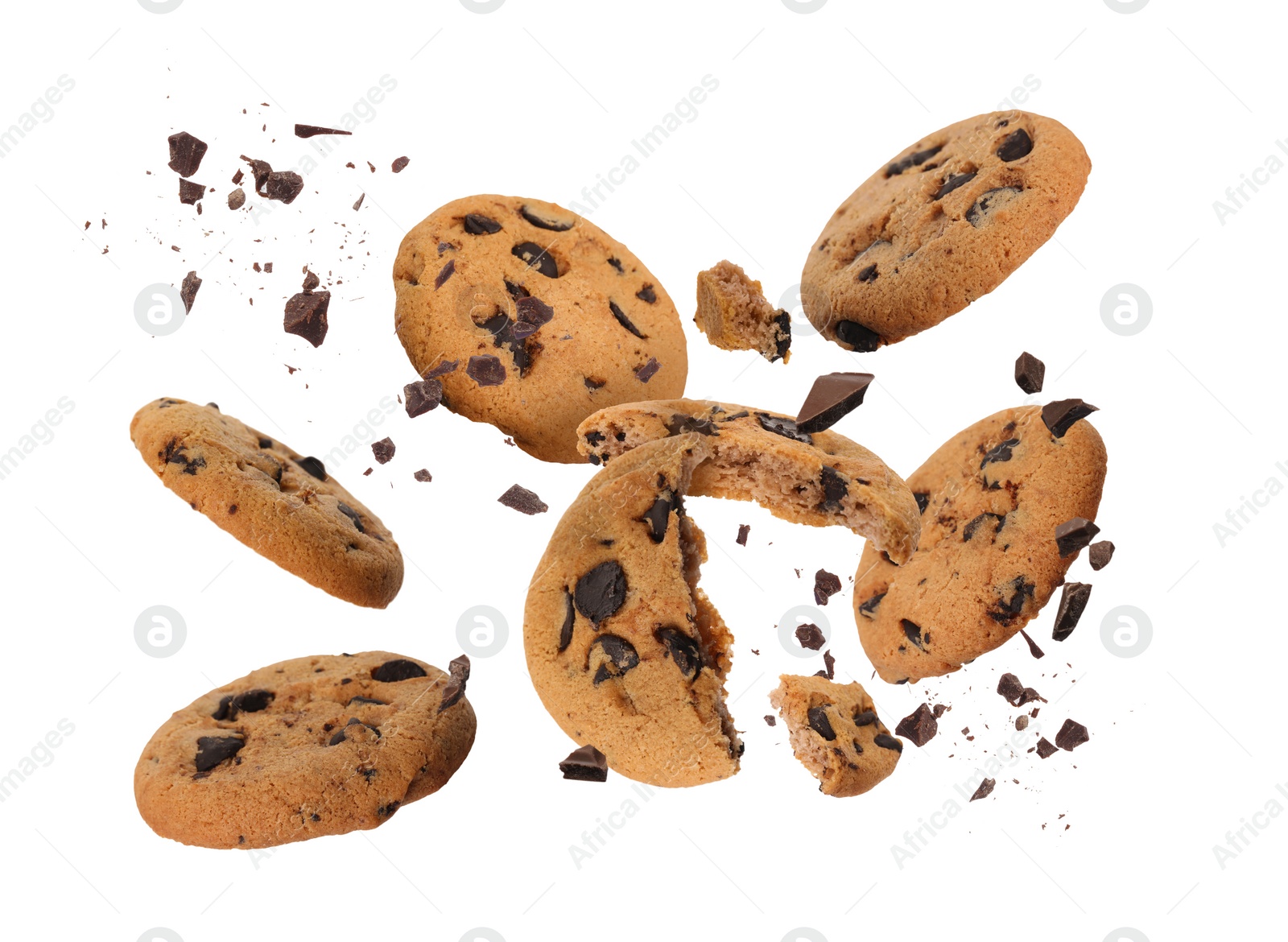 Image of Tasty chocolate chip cookies falling on white background