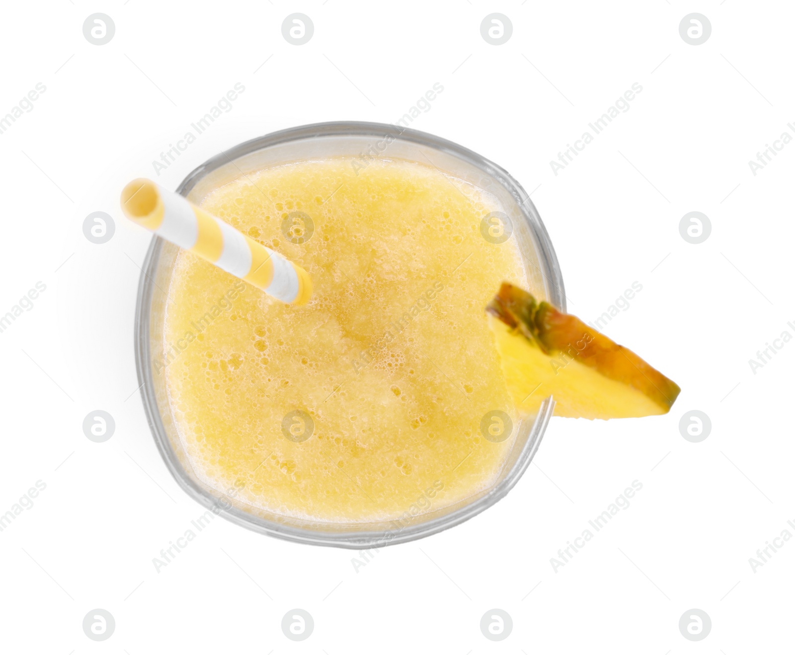Photo of Glass of tasty pineapple smoothie isolated on white, top view