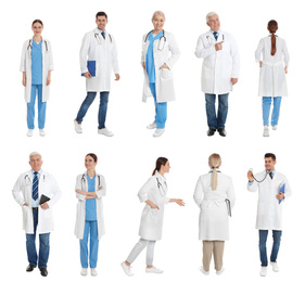 Image of Collage with photos of doctors on white background 