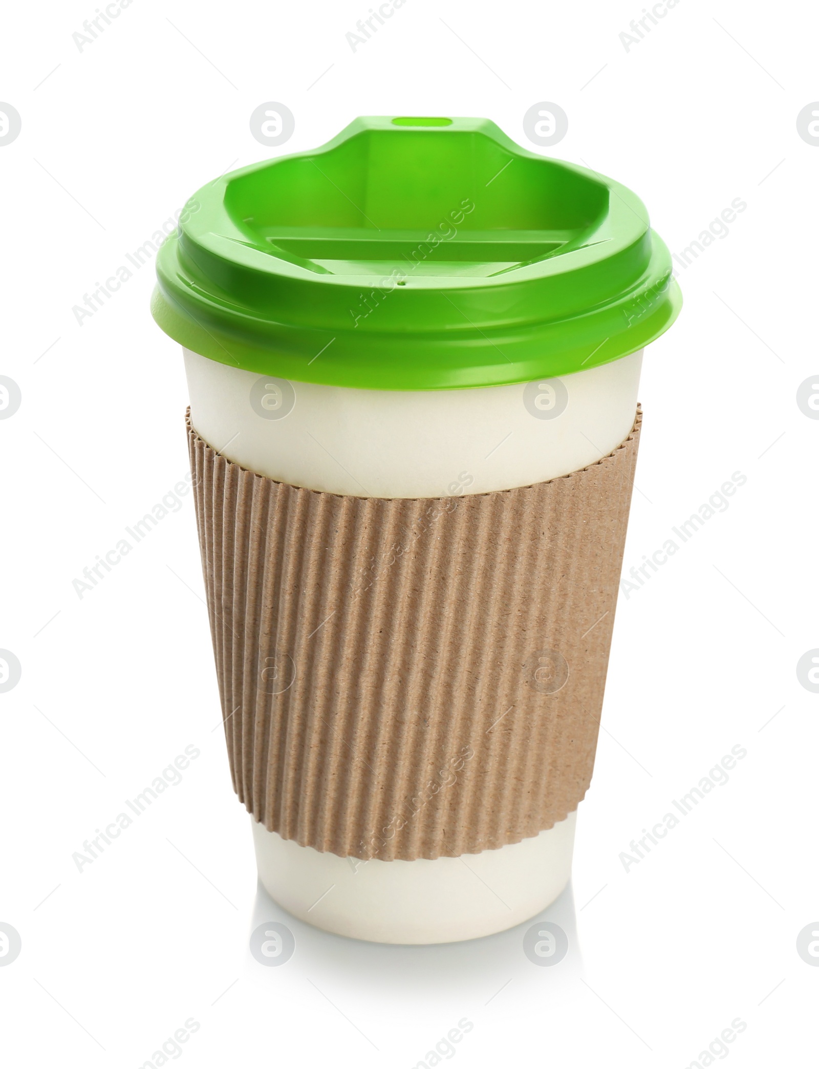 Photo of Takeaway paper coffee cup with lid and cardboard sleeve on white background