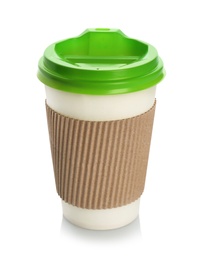 Photo of Takeaway paper coffee cup with lid and cardboard sleeve on white background