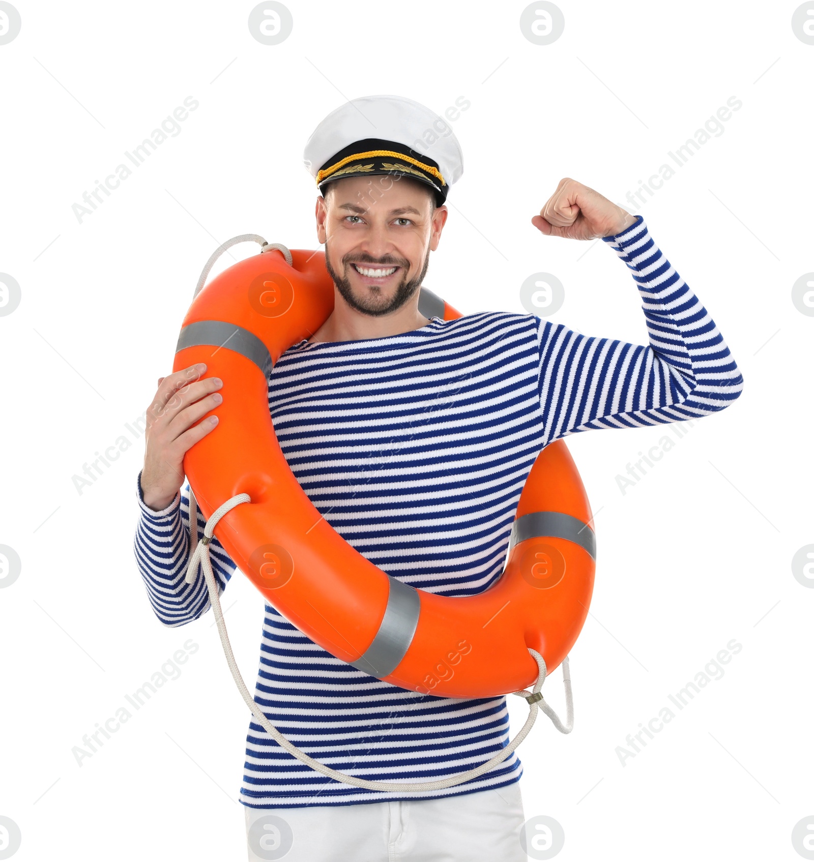 Photo of Happy sailor with orange ring buoy on white background