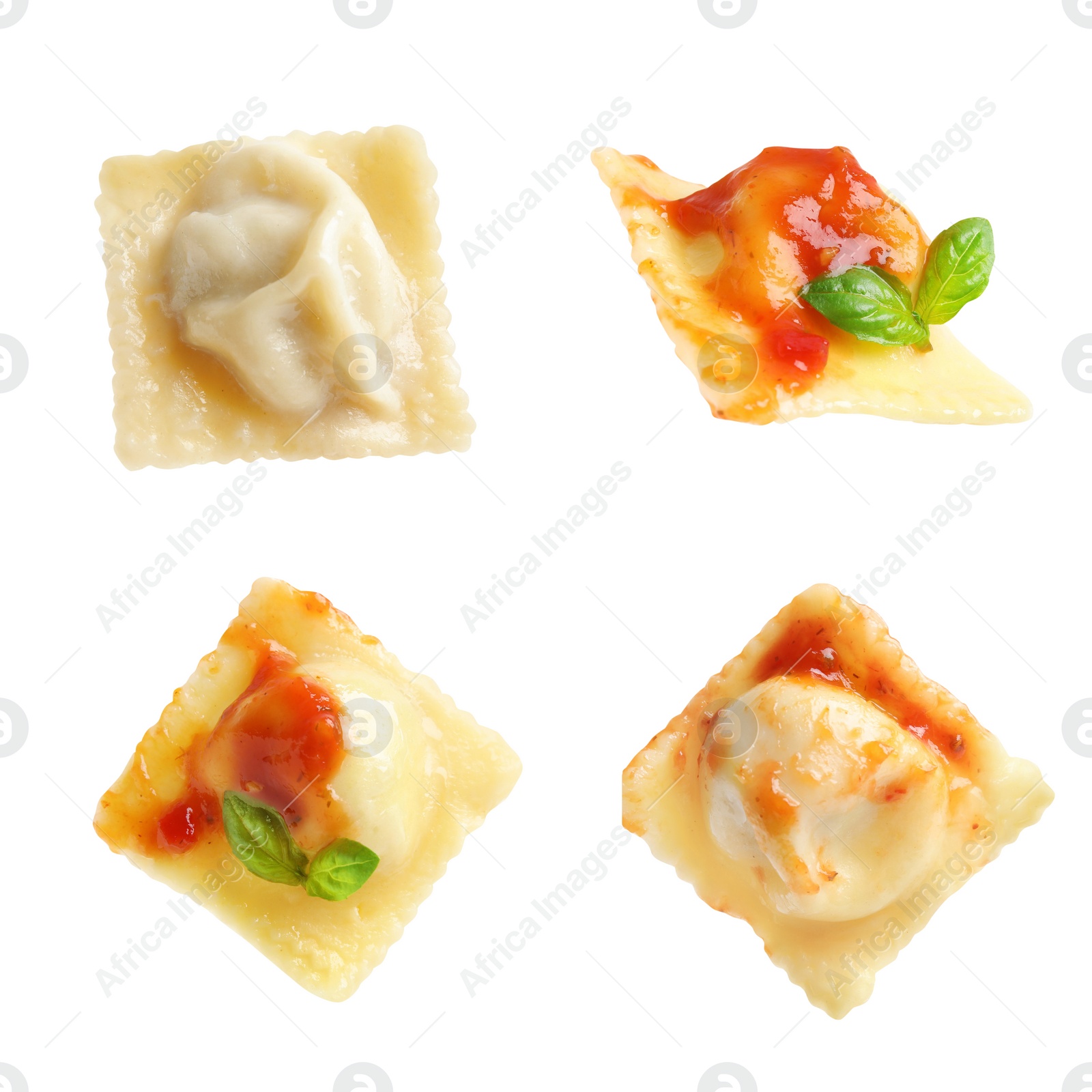 Image of Set of tasty ravioli with tomato sauce on white background