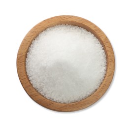 Photo of Natural salt in wooden bowl isolated on white, top view