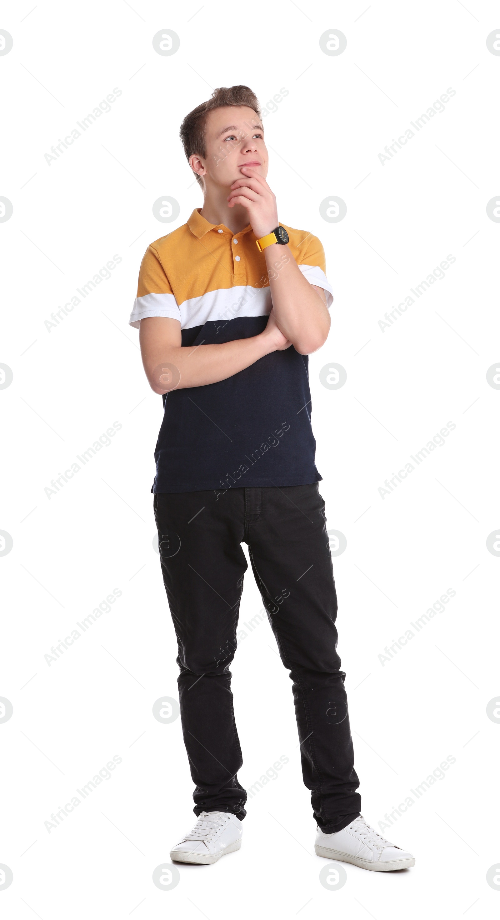 Photo of Portrait of thoughtful teenage boy on white background