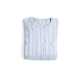 Photo of Folded knitted sweater on white background, top view