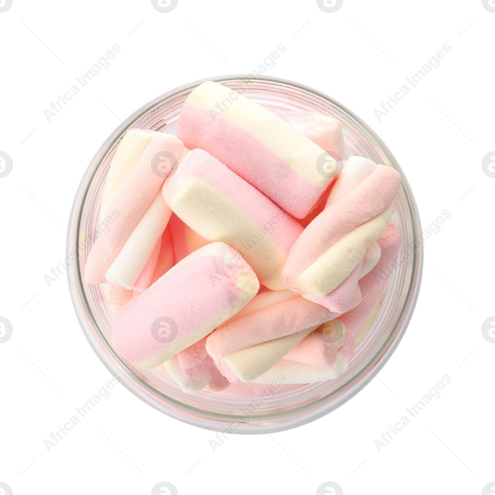 Photo of Marshmallows in glass bowl isolated on white, top view