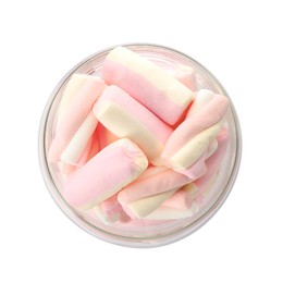 Photo of Marshmallows in glass bowl isolated on white, top view