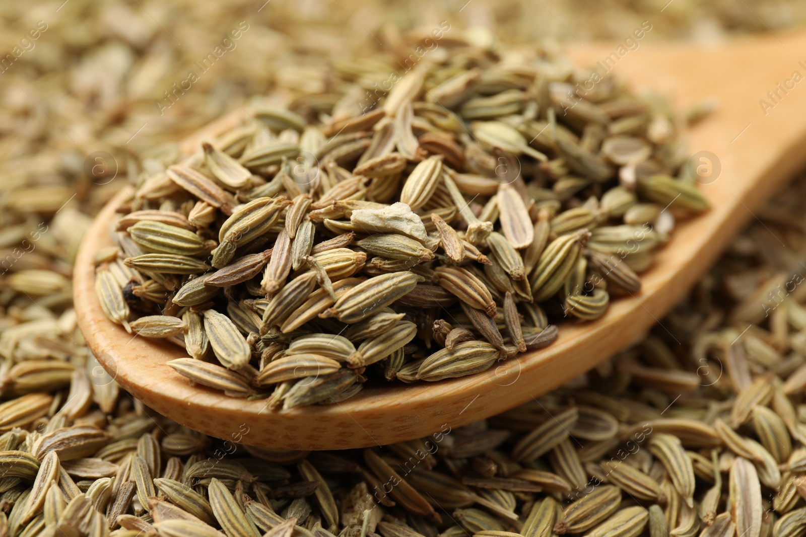 Photo of Heap of fennel seeds and wooden spoon as background, closeup