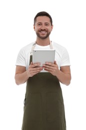 Photo of Smiling man with tablet on white background