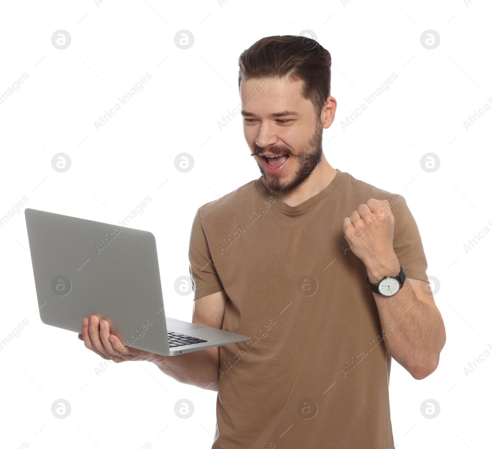 Photo of Emotional man with laptop on white background