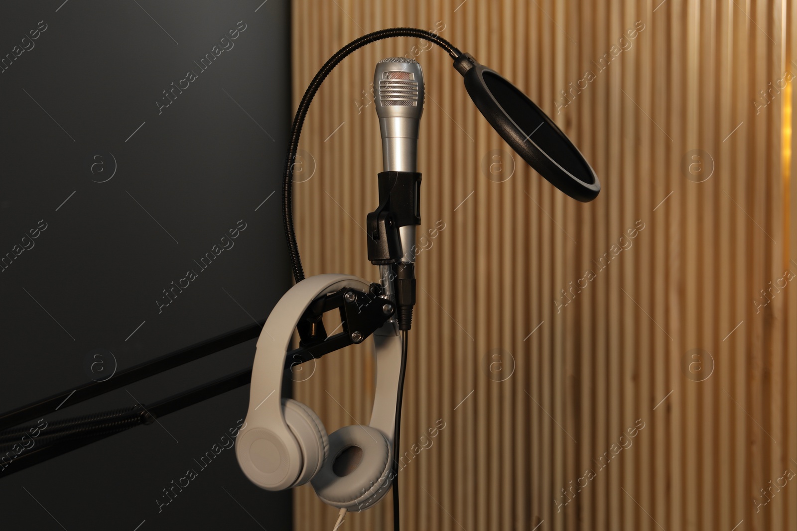 Photo of Stand with microphone, headphones and pop filter indoors. Sound recording and reinforcement