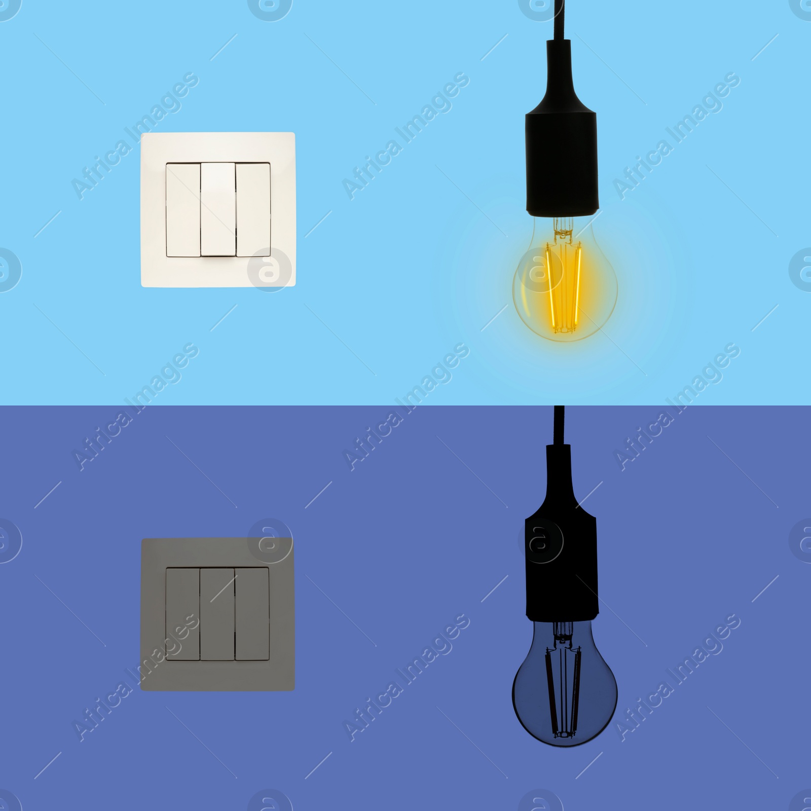 Image of Turned ON and OFF light switches and bulbs, collage