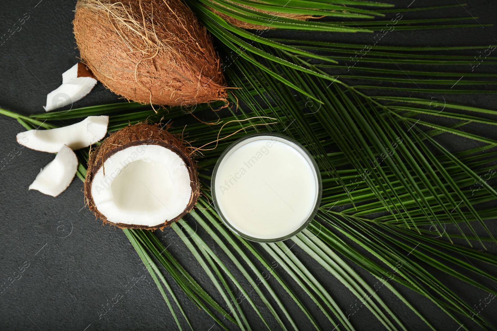 Photo of Glass of coconut milk on dark background, top view