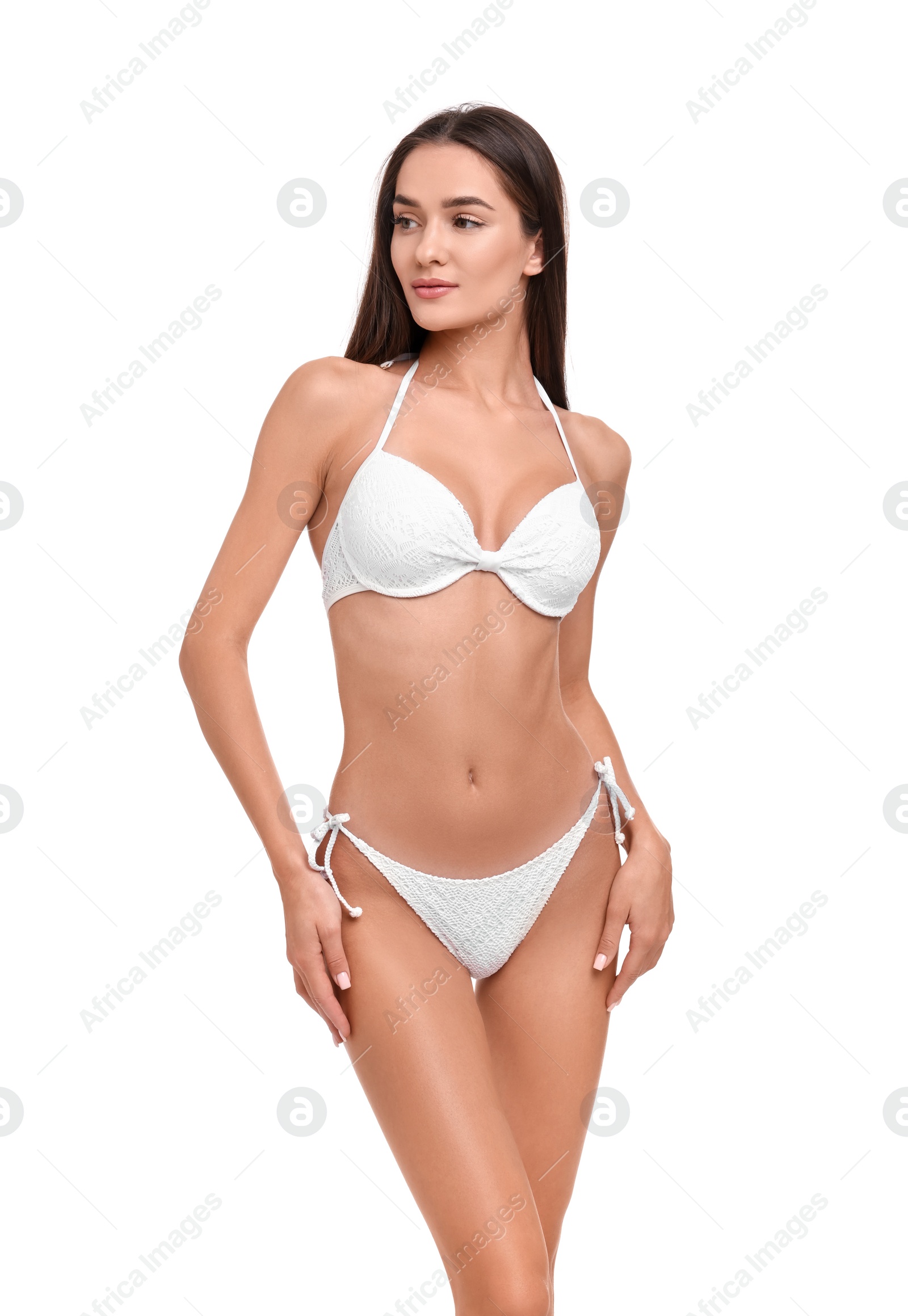 Photo of Young woman in stylish bikini isolated on white