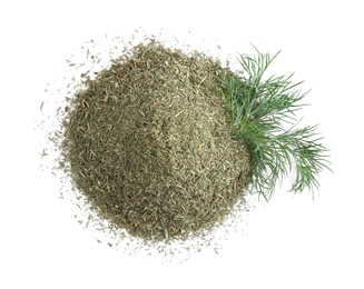 Pile of aromatic dry and fresh dill on white background, top view