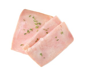 Photo of Delicious ham slices with thyme isolated on white, top view