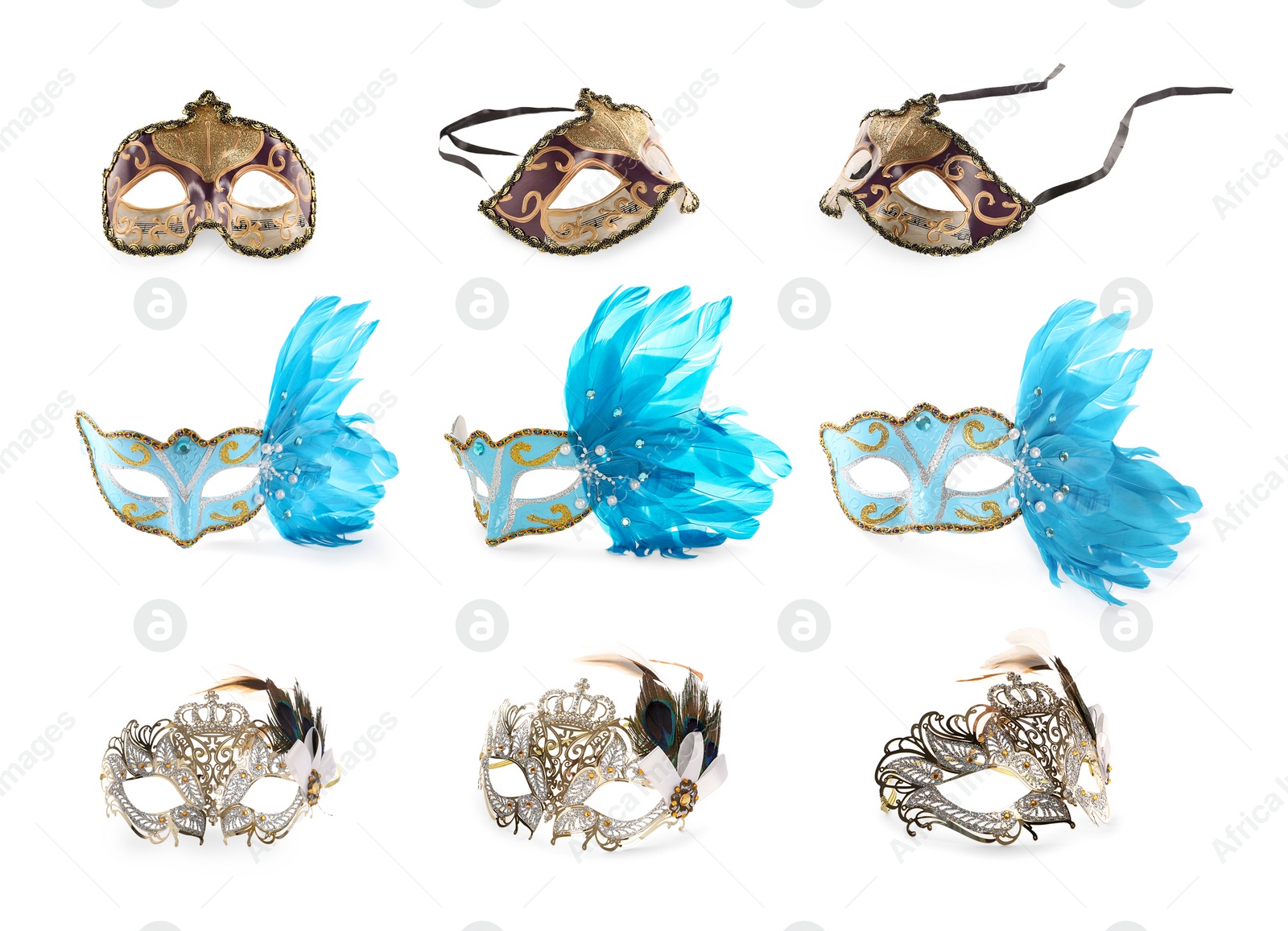 Image of Set of beautiful carnival masks on white background