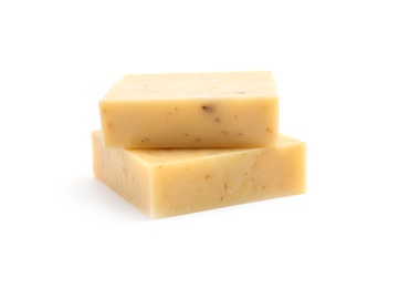 Hand made soap bars on white background