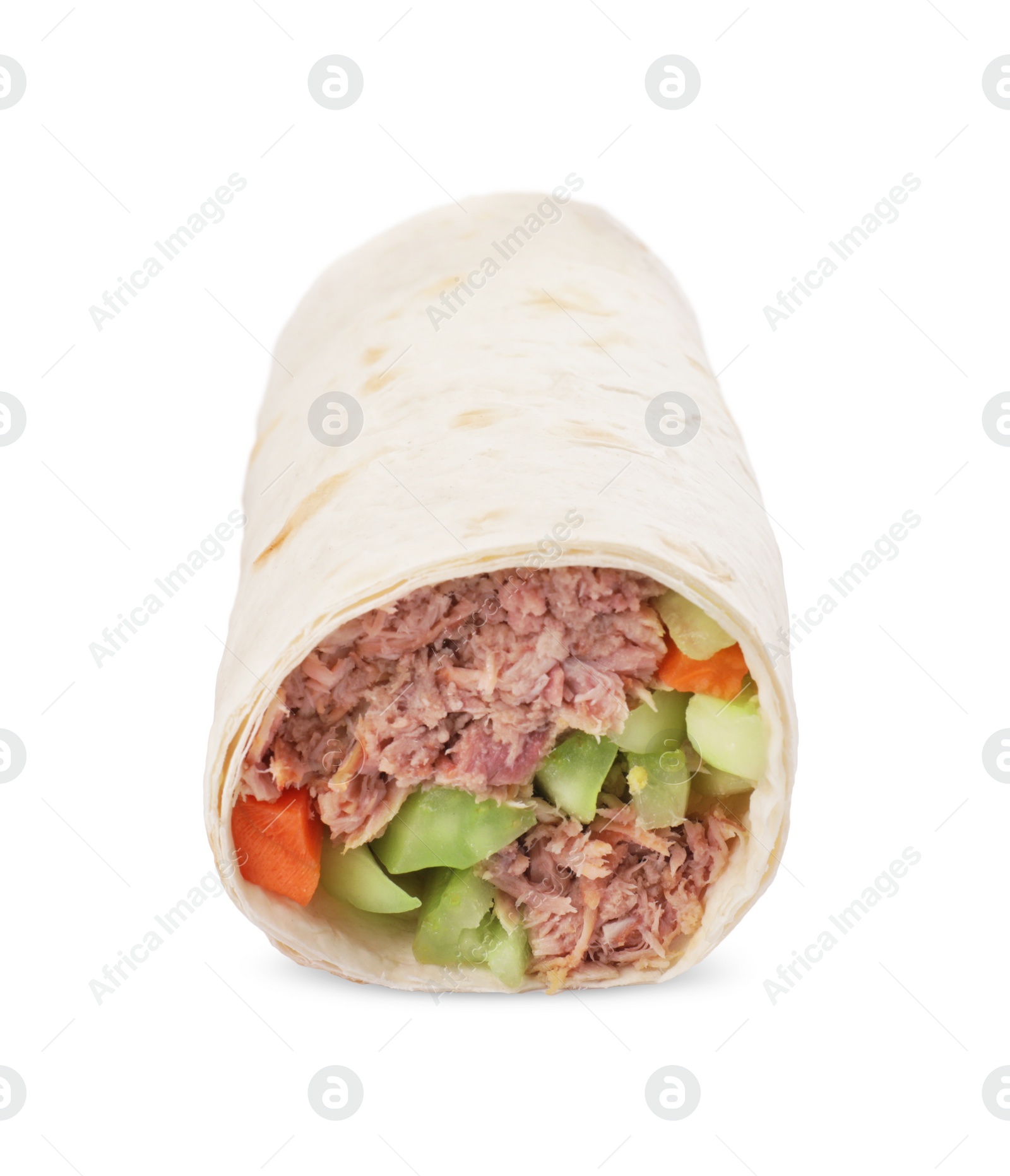 Photo of Delicious tortilla wrap with tuna and vegetables isolated on white