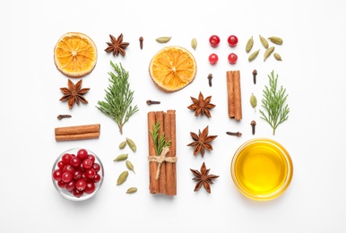 Composition with mulled wine ingredients on white background, top view