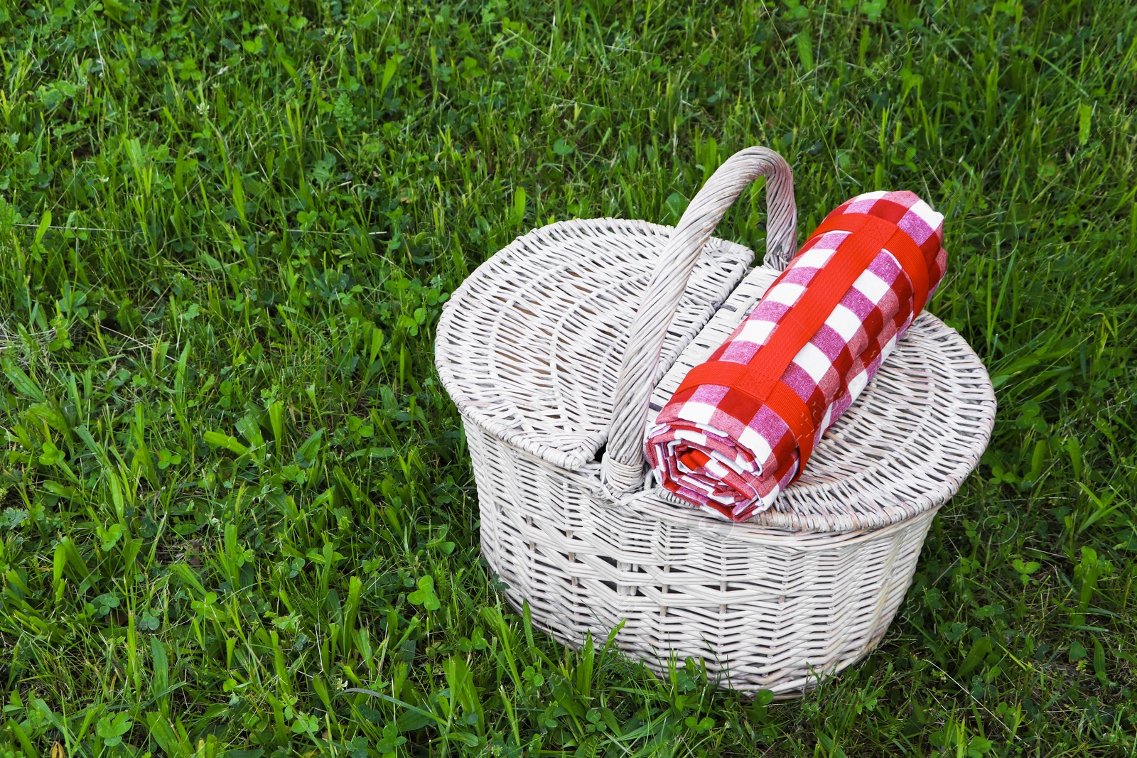 Photo of Rolled checkered tablecloth with picnic basket on green grass outdoors, space for text