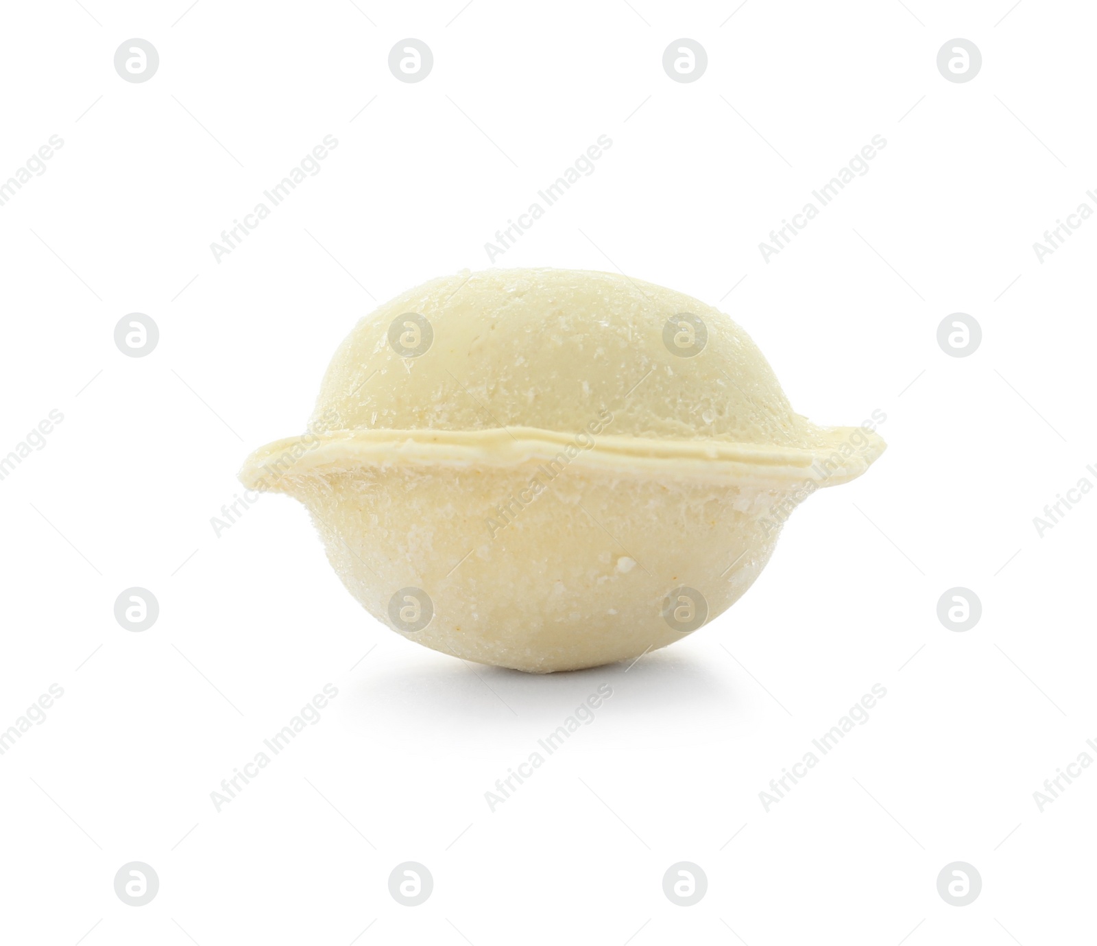 Photo of Raw dumpling with tasty filling on white background