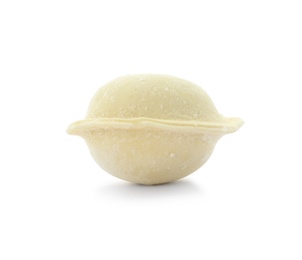 Raw dumpling with tasty filling on white background