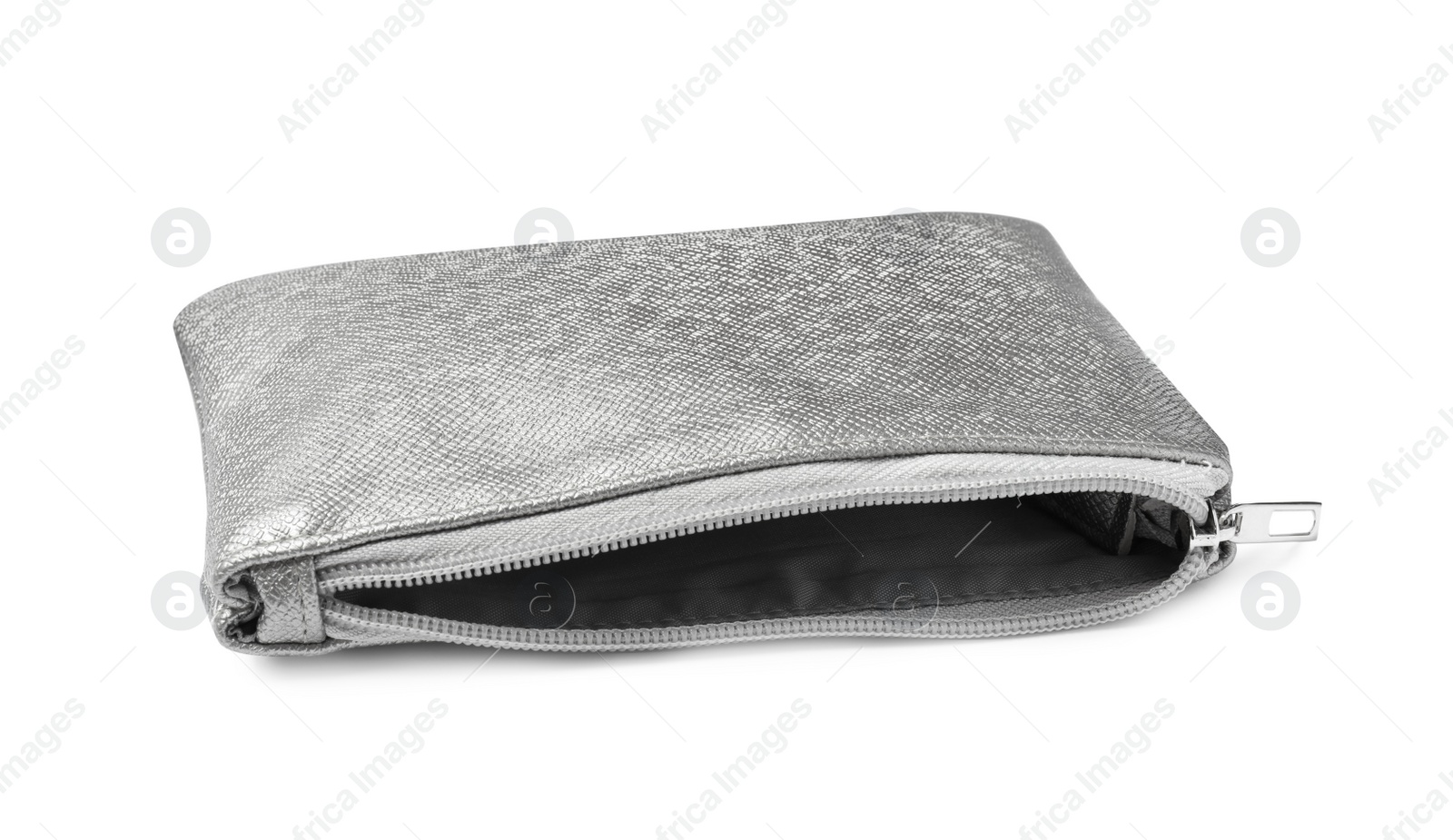 Photo of Empty stylish silver cosmetic bag isolated on white