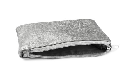 Photo of Empty stylish silver cosmetic bag isolated on white