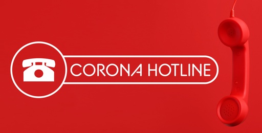 Covid-19 Hotline. Handset and text on red background, banner design 