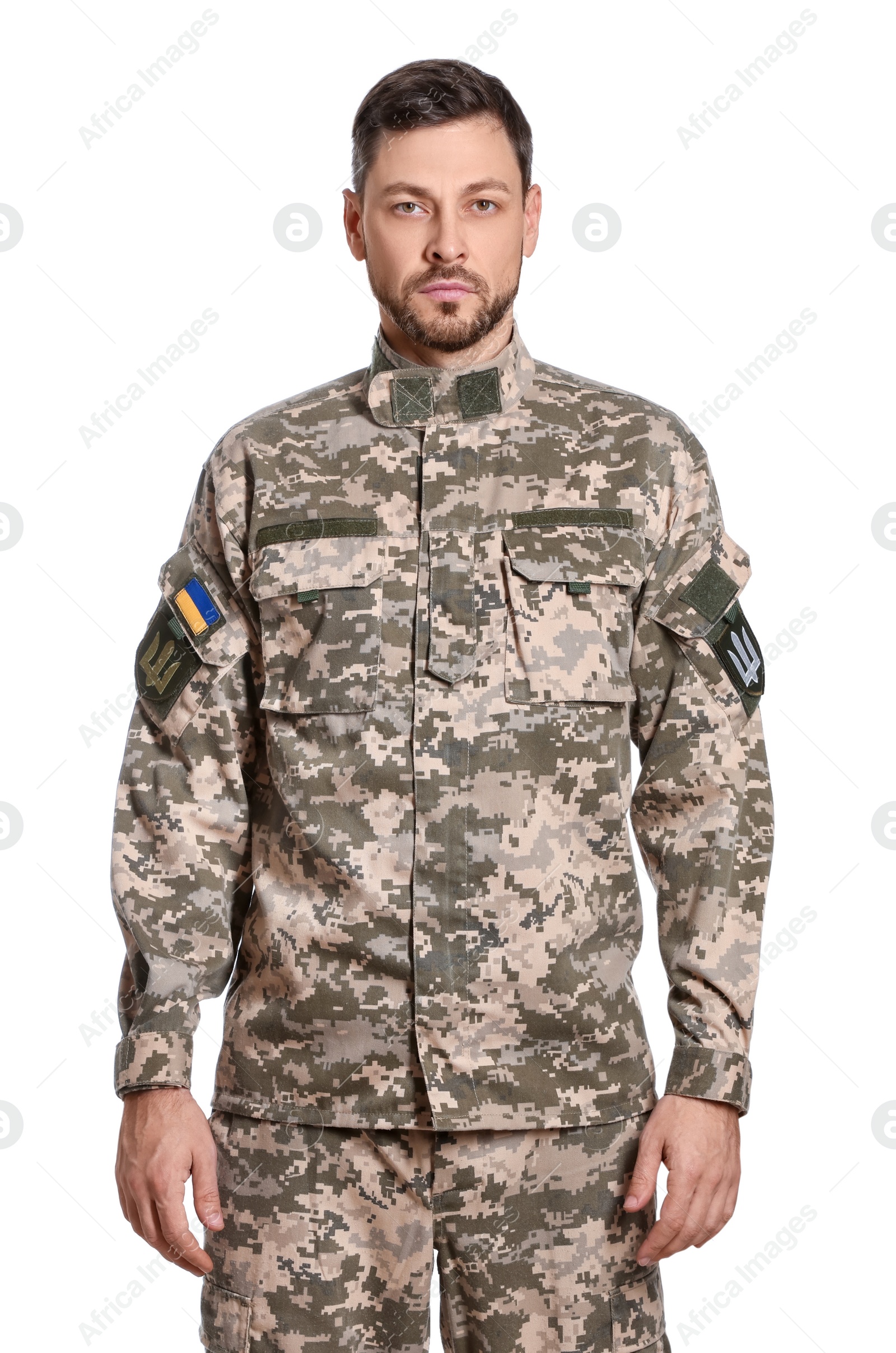 Photo of Ukrainian soldier in military uniform on white background