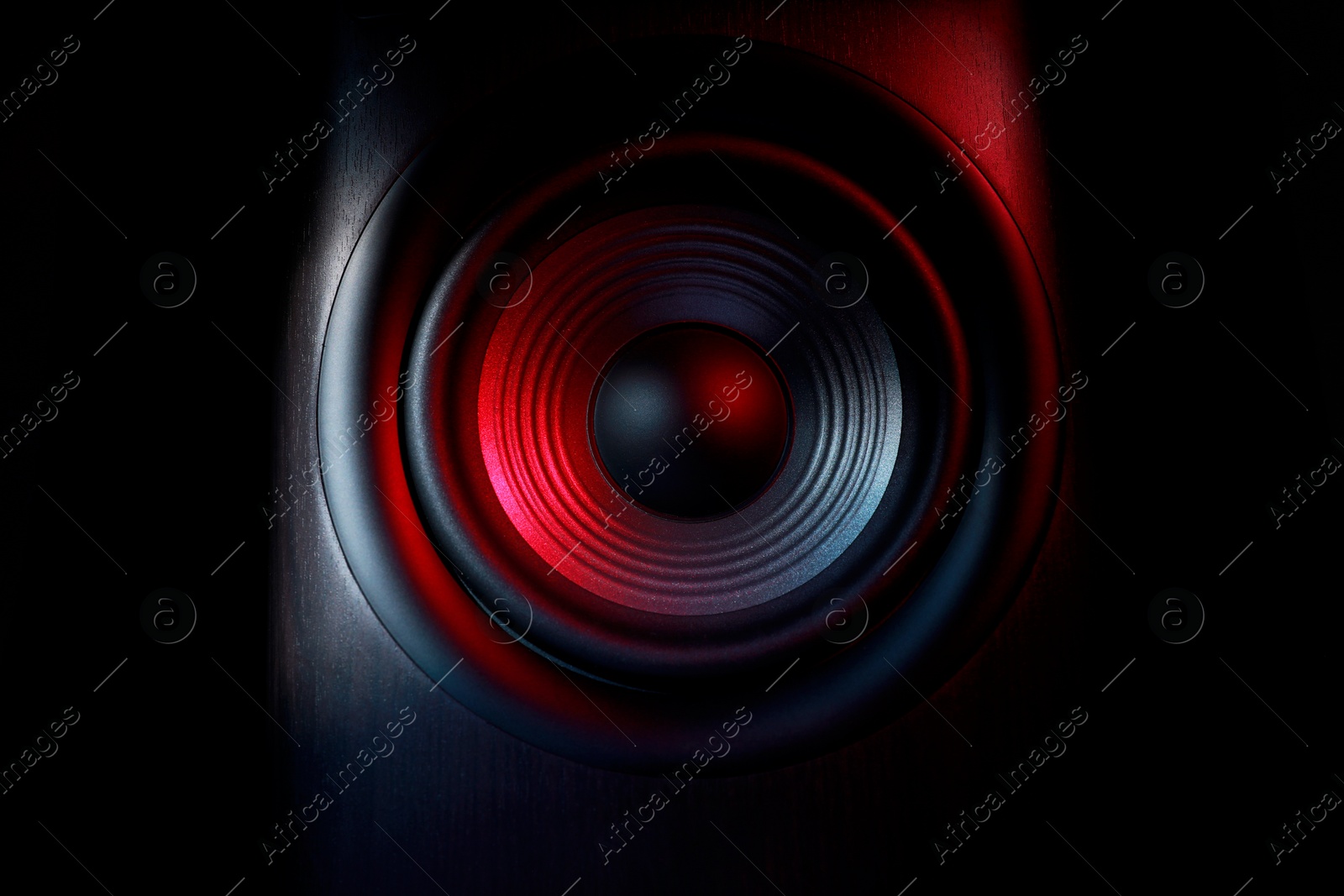 Photo of One sound speaker in neon light on black background, closeup