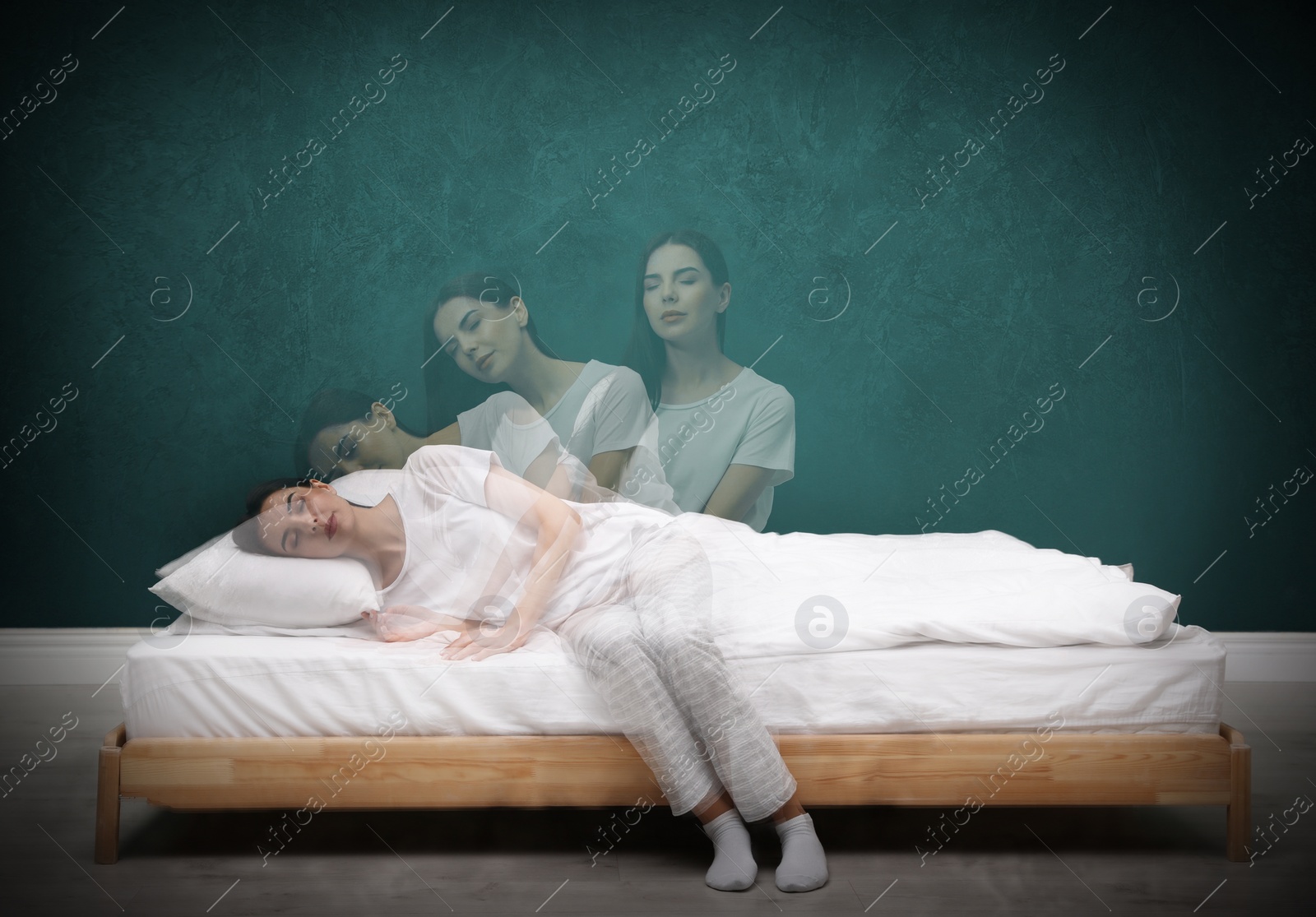 Image of Somnambulist rising from bed near green wall indoors, multiple exposure. Sleepwalking