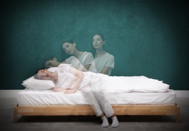 Image of Somnambulist rising from bed near green wall indoors, multiple exposure. Sleepwalking