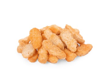 Photo of Pile of delicious crispy rusks on white background