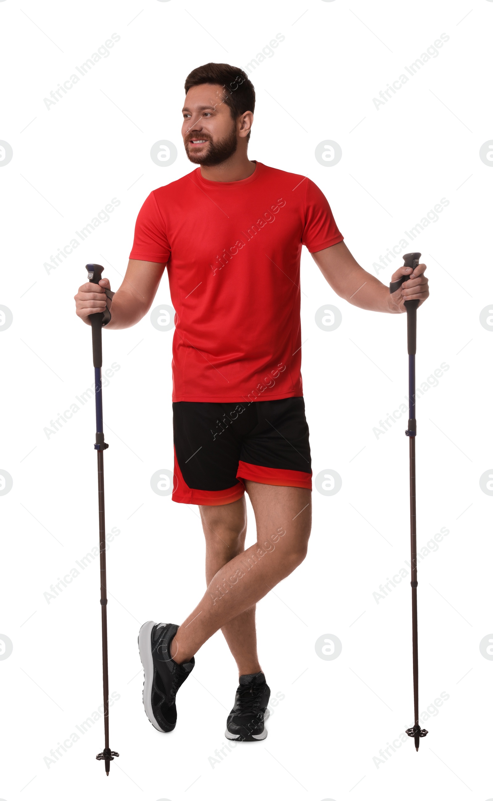 Photo of Man with poles for Nordic walking isolated on white