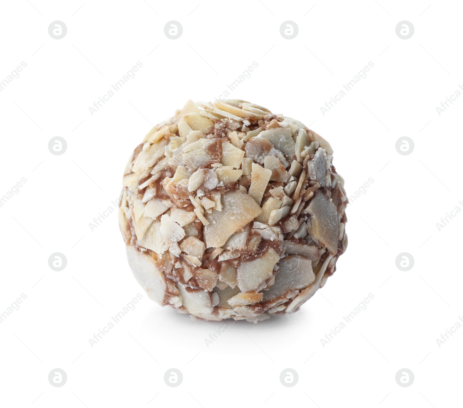 Photo of Delicious chocolate candy with almond flakes isolated on white