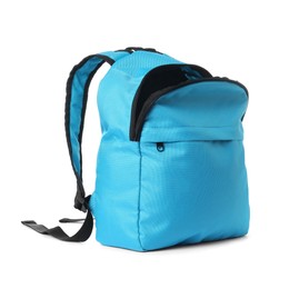 Photo of Stylish light blue backpack isolated on white