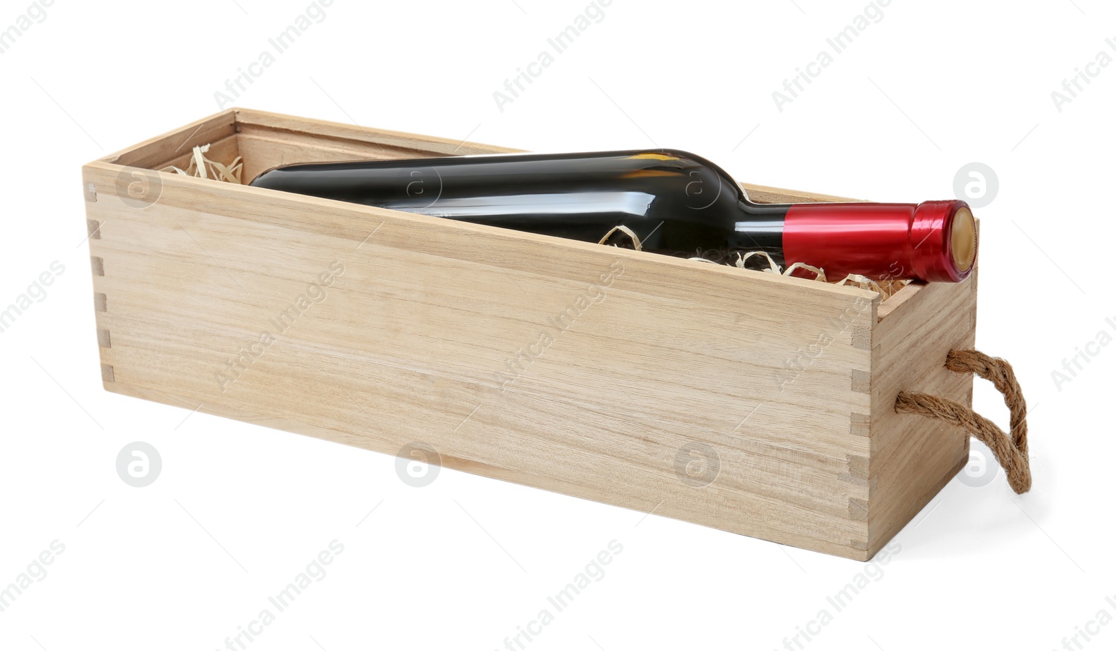 Photo of Open wooden crate with bottle of wine isolated on white