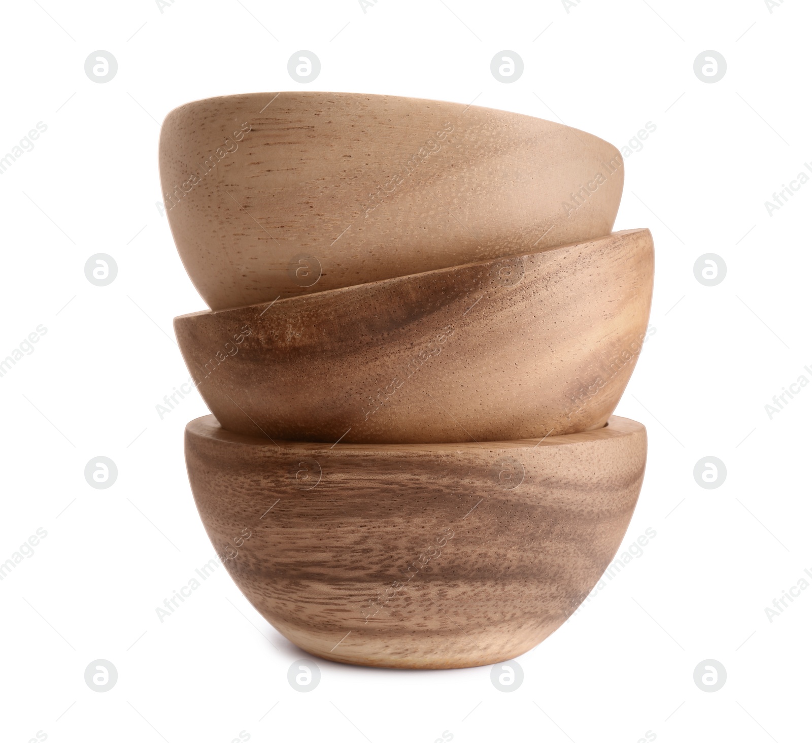 Photo of Set of wooden bowls on white background