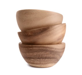 Photo of Set of wooden bowls on white background