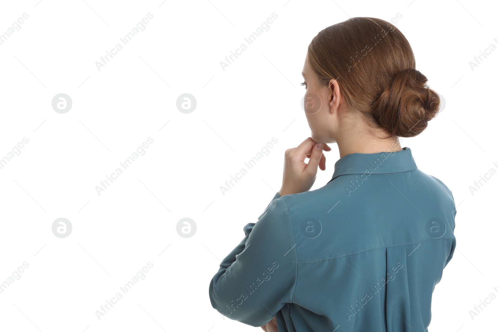 Photo of Young businesswoman in blouse on white background