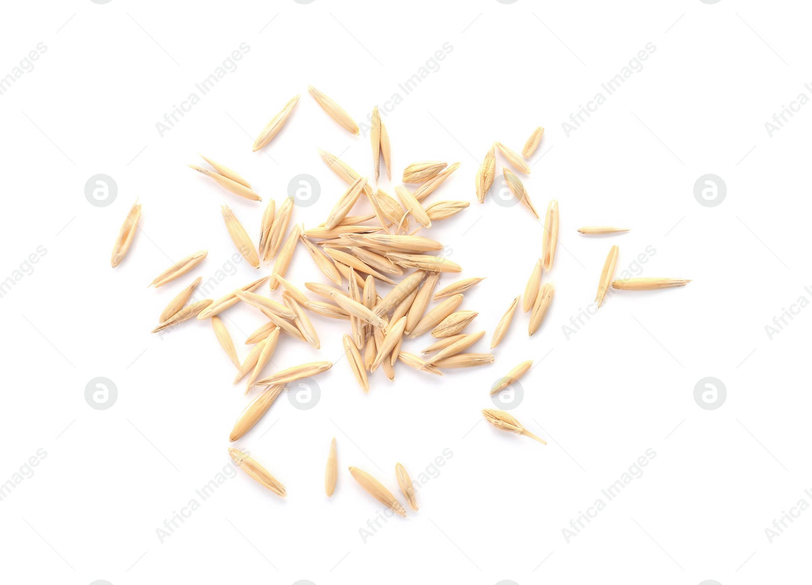 Photo of Raw oats on white background. Healthy grains and cereals